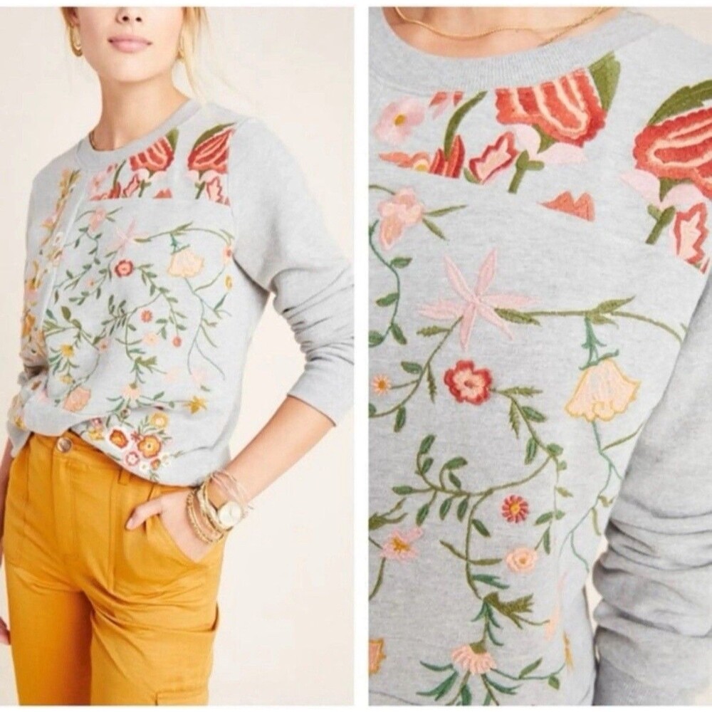 Maeve x Anthropologie Marcie Sweatshirt Womens XS Gray Floral Embroidery Boho